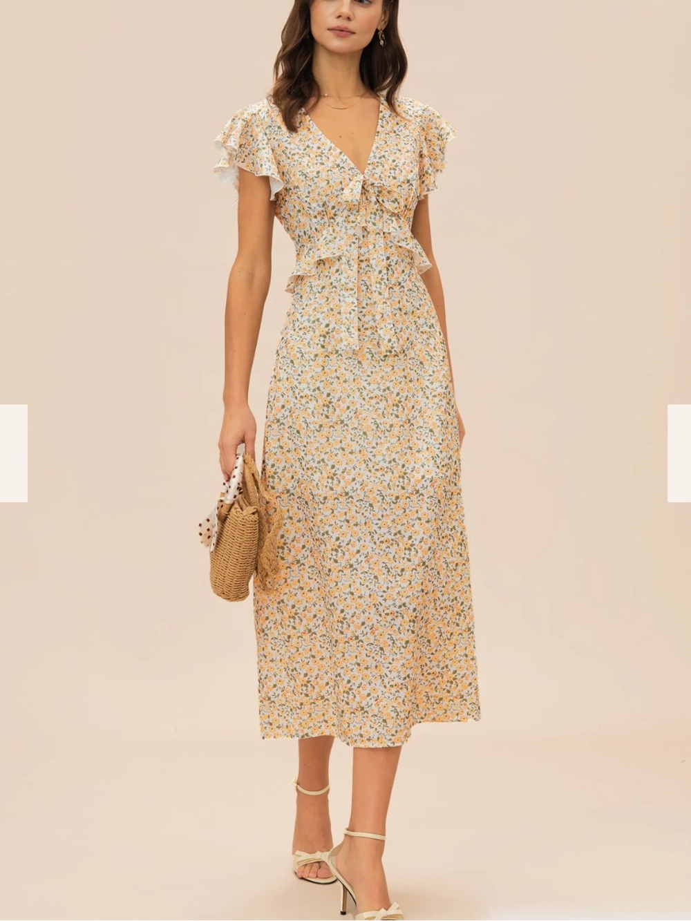 RIHOAS Yellow V Neck Floral Midi Dress Size small